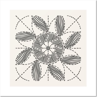 Boho charcoal and off-white circle artwork. Original hand-drawn boho sun pattern. Calm black and white trendy pattern in minimalistic style. Posters and Art